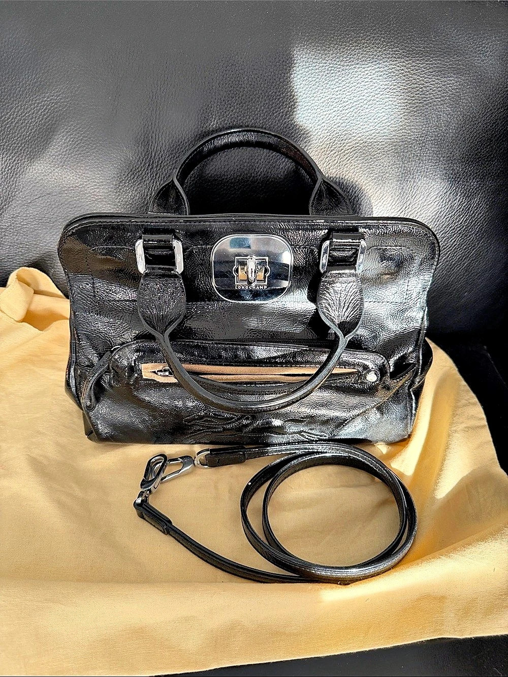 Longchamp Patent Leather Turn-Lock Crossbody Bag Black